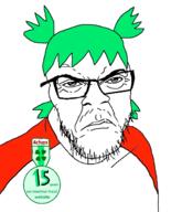 4chan angry anime closed_mouth clothes glasses green_hair hair incel punisher_face stubble text variant:feraljak yotsoyba // 1400x1630 // 646.9KB