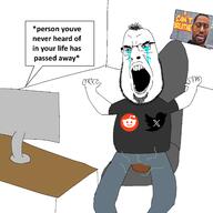 bloodshot_eyes computer crying desk eyebags george_floyd hair open_mouth poop poster reddit series:saint_floyd stinky stubble subvariant:hairson text twitter variant:cobson // 2560x2560 // 540.6KB