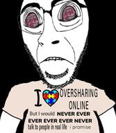 arm autism biting_lip clothes distorted frown glasses i_heart i_love i_would_never large_eyes large_nose looking_at_you merge my_little_pony oversharing soyjak stubble subvariant:hornyson subvariant:hydrocephason subvariant:science_lover teeth text tshirt variant:cobson variant:markiplier_soyjak // 500x576 // 162.5KB