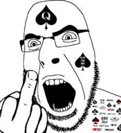 angry bbc facial_mark forehead_mark glasses hand middle_finger open_mouth queen_of_spades soyjak spade stubble tattoo text variant:cobson // 721x789 // 97.0KB