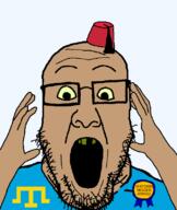 Astrofene_(namefag) CrimeanChud_(namefag) award brown_skin crimea crimean_tatar fez glasses hand hands_up rotten_teeth stubble subvariant:ppplier variant:markiplier_soyjak variant:ppp yellow_sclera // 673x800 // 50.1KB