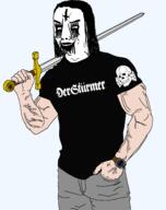 arm band black_metal buff clothes corpse_paint der_sturmer evil grin hair hand holding_object holding_sword long_hair makeup nsbm ominous sonnenrad soyjak sword totenkopf tshirt variant:chudjak vein watch weapon white_skin // 1514x1910 // 207.7KB