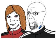 2soyjaks closed_mouth clothes estonia eyelashes flag glasses looking_at_each_other orange_hair smile soyjak stubble tired track_suit variant:carterjak variant:estoniajak variant:kuzjak // 658x462 // 127.5KB