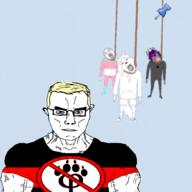 4soyjaks ack anti_furry aryan blond blue_eyes closed_mouth clothes crying ear flag flag:anti_furry flag:transgender_pride_flag furry glasses open_mouth rope smile stubble subvariant:muscular_chud transgender_flag variant:bernd variant:chudjak yellow_hair // 875x875 // 203.5KB