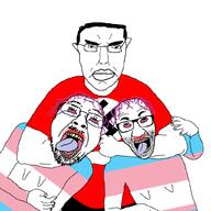 3soyjaks bloodshot_eyes choke choke_hold choker crying dead flag flag:nazi_germany flag:transgender_pride_flag glasses hair le_pol_face mustache nazi_flag nazi_germany nazism open_mouth purple_hair sam_hyde soyjak stubble subvariant:pol_face swastika text the_weak_should_fear_the_strong tongue tranny variant:bernd variant:chudjak variant:el_perro_rabioso yellow_teeth // 1024x1024 // 108.3KB