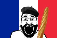 baguette beard beret bread clothes country flag flag:france food france glasses hair happy hat open_mouth soyjak subvariant:science_lover variant:markiplier_soyjak // 1200x800 // 327.3KB
