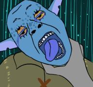 alien bloodshot_eyes blue_skin clothes crying dead drawn_background ear hearthian multiple_eyes open_mouth soyjak strangling the_outer_wilds tongue variant:bernd video_game // 768x719 // 191.5KB