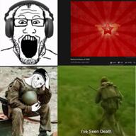 animated arm balding beanie camouflage cigarette closed_mouth clothes combat_helmet communism cuck doomer eye_bags glasses gun hammer_and_sickle hand hat headphones holding_object irl leg military military_uniform music open_mouth russia sitting soldier soviet_union soyjak ssh star_(symbol) stubble text variant:markiplier_soyjak video wojak youtube // 1280x1280, 28.5s // 4.4MB
