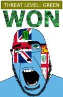 ahegao animal bird country crown dove emerald fiji flag flag:fiji gem glasses green green_eyes hair lion looking_up open_mouth plant schlog_color_event soyjak soyjak_blog stubble teeth text threat_level_green variant:cobson won // 721x1115 // 194.4KB