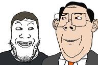 2soyjaks are_you_soying_what_im_soying blue_eyes brown_eyes brown_hair clothes friendship garf_(user) glasses grin h3k_(user) hair looking_at_each_other meta:namefags namefags orange_tie suit suit_and_tie variant:markiplier_soyjak variant:protestantjak white_skin // 1200x800 // 19.2KB