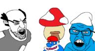 angry balding blue_skin clothes ear glasses hair hat mushroom open_mouth soyjak stubble the_smurfs variant:feraljak variant:kliksjak // 799x433 // 22.1KB