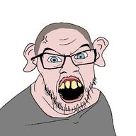 angry bald big_ears blue_eyes detailed eat_the_bugs eyebrows eyes gape glassesass grey_shirt head kurwa lips neck nose polack poland shaved stubble teeth variant:feraljak vein white_background white_skin yellow_teeth // 800x800 // 58.4KB