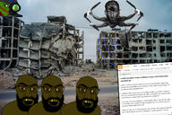 al_jazeera brown_eyes brown_skin drone frog gigachad glasses multiple_soyjaks open_mouth palestine pepe rubble ruins sniper sound speaker stubble subvariant:tetojak text variant:feraljak // 1664x1107 // 880.6KB