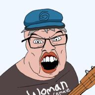 cap clothes female feminist glasses guitar hair hat instrument open_mouth sjw soyjak subvariant:female_feraljak terf variant:feraljak white_hair white_skin // 1500x1500 // 235.8KB