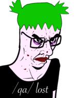 4chan acne angry anime arm clothes glasses green_hair hair kubrick_stare makeup qa_(4chan) soyjak subvariant:chudjak_seething text tshirt variant:chudjak yotsoyba // 1240x1568 // 596.3KB