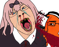 2soyjaks anime blood bloodshot_eyes blue_eyes bowtie chainsaw chainsaw_man chika_fujiwara clothes decapitation gore hair kaguya_sama_love_is_war missing_teeth nosebleed open_mouth pink_hair pochita_(chainsaw_man) soyjak subvariant:chainsaw_bernd variant:bernd variant:chudjak yellow_teeth // 900x722 // 175.9KB