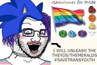 crazed flag gem gemstone glasses hair lgbt open_mouth purple_hair sega sonic sonic_the_hedgehog soyjak stubble subvariant:crazed_troonjak subvariant:soyak_(crazed) text tranny variant:soyak // 392x266 // 24.3KB