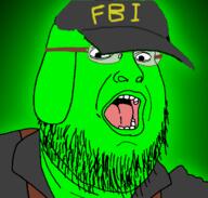 beard cap clothes dog federal_bureau_of_investigation glasses glowing hat janny open_mouth soyjak suspenders trend:glowie variant:fatjak // 714x680 // 117.0KB