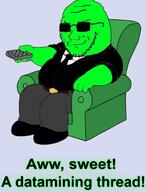 belt belt_buckle black_shirt black_shoes chair closed_mouth family_guy fat glasses glowing green_skin necktie peter_griffin remote shoe smile smug sunglasses trend:glowie variant:soyak // 595x783 // 234.0KB