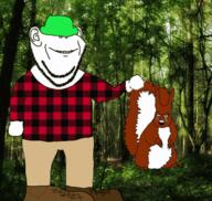 2soyjaks animal animal_abuse animated arm boot clothes crying ear forest froge full_body glasses hand hat holding_object irl_background leg oe_cake open_mouth plaid soyjak squirrel subvariant:feralsquirrel tail variant:feraljak variant:impish_soyak_ears // 600x569 // 1.9MB