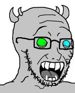 blue_eyes crazed glasses green_eyes grey_skin heterochromia homestuck horn meta:tag_character_name monster open_mouth soyjak stubble variant:soyak // 644x800 // 39.0KB