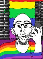 clothes ear gay glasses hand holding_object open_mouth oreo phone rainbow soyjak stubble variant:nojak // 647x878 // 41.6KB