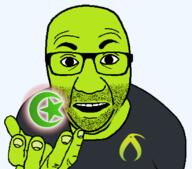 artist:bucephalus_(kiwi_farms) clothes glasses green_skin hand holding_object islam islamic_content kiwifarms looking_at_you negrate open_mouth perro_hold series:kiwiperros soyjak star_and_crescent sticker stubble subvariant transparent_background tshirt variant:el_perro_rabioso // 820x720 // 65.9KB