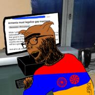 animal armenia armenian_text clothes computer flag flag:armenia gayter glasses hair open_mouth pig reddit smile soyjak stubble teeth text unibrow variant:zoomer_on_computer yellow yellow_teeth // 3464x3464 // 4.3MB