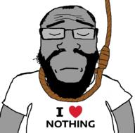 closed_mouth clothes frown glasses grey_skin heart i_love noose rope sad stubble subvariant:science_lover suicide text tshirt variant:markiplier_soyjak // 800x789 // 102.1KB