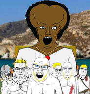 albinoid army aryan barbarian black_skin blond blue_eyes greece history islam multiple_soyjaks nation_of_islam necklace nordic open_mouth race religion shirtless soyjak subvariant:chudjak_front subvariant:chudjak_seething teeth throne variant:chudjak variant:cobson variant:feraljak variant:soyak viking yakub yellow_hair // 680x710 // 336.1KB