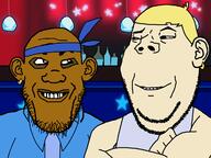 2soyjaks are_you_soying_what_im_soying arm background bandana black_skin blue_shirt bottle crossed_arms drawn_background ear earring eminem hair hand looking_at_each_other music nate_dogg raised_eyebrow smile smirk soyjak squinting subvariant:wholesome_soyjak tank_top teeth variant:gapejak variant:markiplier_soyjak white_shirt white_skin yellow_hair // 1200x900 // 148.5KB