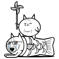 animal battle_cats cat cat_ear closed_mouth cryboy crying duo fish forehead_lines gills glasses holding_object koi open_mouth pinwheel riding series:trios_&_duos smile stubble sub subvariant:wholesome_soyjak teeth teeth_showing variant:cryboy_soyjak variant:gapejak variant:soyak // 500x500 // 27.1KB