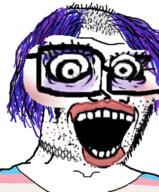 acne balding clothes crazed flag glasses hair makeup open_mouth purple_hair soyjak stubble subvariant:crazed_troonjak subvariant:soyak_(crazed) tranny variant:soyak zoomed // 529x637 // 271.0KB