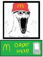 arm cap clothes glasses hand hands_up hat mcdonalds open_mouth soyjak stubble subvariant:wewjak text variant:soyak // 806x1058 // 143.3KB