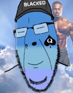 bbc blacked blue blue_skin calm cap closed_eyes closed_mouth clothes glasses hat irl irl_background negro queen_of_spades sky smile soyjak stubble tattoo variant:cobson // 791x1000 // 471.2KB