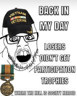 award beard big_eyes clothes crazed glasses hat meme participation_trophy soyboy soyjak stubble text trophy variant:feraljak veteran vietnam vietnam_war // 1284x1588 // 733.2KB