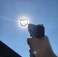 closed_mouth glasses gun hand irl smile soyjak stubble subvariant:wholesome_soyjak sun variant:gapejak white_skin // 1084x1060 // 131.8KB