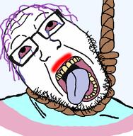 ack bloodshot_eyes clothes crying hanging lipstick merge purple_hair rope rotten_teeth subvariant:berndplier template tongue tranny transgender_flag troon troonella variant:bernd variant:markiplier_soyjak white_skin // 1148x1175 // 104.7KB