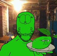 2soyjaks arm basement box closed_mouth garfield glasses green_skin grin hand holding_object holding_plate lime limefield neutral plate shark soyjak stubble subvariant:neutralplier variant:markiplier_soyjak variant:platejak // 1366x1350 // 1.3MB