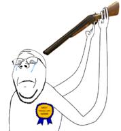 arm award badge closed_eyes crying hand holding_gun holding_object holding_shotgun most_tragic_life_award sad subvariant:wholesome_soyjak suicide tear text variant:gapejak // 709x765 // 236.7KB