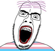 angry flag:transgender_pride_flag glasses looking_at_you makeup open_mouth purple_hair soyjak stubble subvariant:cobjak teeth template thick_eyebrows tranny // 640x593 // 28.3KB