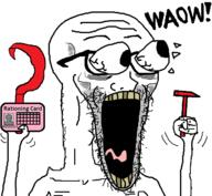 arm card eyes_popping glasses hammer hand hands_up holding_hammer holding_object open_mouth soyjak starving stubble subvariant:waow text tongue variant:soyak waow yellow_teeth // 640x591 // 32.6KB