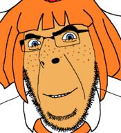 blue_eyes bowtie collared_shirt freckles glasses grin looking_at_you meta:tagme mymy ongezellig orange_hair orange_skin smug soyjak stubble variant:cobson // 775x849 // 61.7KB