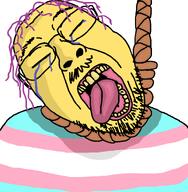 aliased asian buck_teeth crying flag:transgender_pride_flag glasses hair hanged hanging purple_hair rope slant_eyes stubble sweat_stain tongue tranny troon variant:bernd yellow_skin yellow_teeth // 768x786 // 39.7KB
