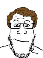 brown_hair closed_mouth glasses hair smile soyjak stubble variant:markiplier_soyjak // 600x800 // 84.2KB