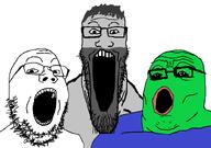 3soyjaks beard blue_shirt gigachad glasses green_skin grey_skin hair no_nose oh_my_god_she_is_so_attractive open_mouth pepe soyjak stubble trend:soyjak_trio variant:gapejak variant:markiplier_soyjak variant:tony_soprano_soyjak // 822x577 // 27.5KB