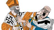 arianism arius arm beard blue_eyes catholic catholicism chad christianity classical_art_parody closed_mouth clothes cross ear gape glasses grey_hair hair hand heresy mustache open_mouth punch robe saint saint_nicholas santa santa_claus soyjak stubble variant:a24_slowburn_soyjak // 1080x601 // 132.2KB