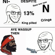 13% 2soyjaks beard chad closed_mouth cringe despite glasses gun hair headband kingpilled mustache negro nigger nike nordic_chad palindrome_get race_war_now racism smile smug soyjak soyjak_comic stubble subvariant:soyak_(smug) text variant:soyak // 725x691 // 319.7KB