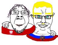 2soyjaks animal arm blue_eyes chud_troon_alliance closed_mouth coat_of_arms country crown eagle ear flag flag:poland flag:russia friendship glasses grin hair holding_object hugging looking_at_you mustache poland purple_hair russia scepter smile stubble teeth toothbrush_moustache variant:bernd variant:chudjak yellow_hair // 834x651 // 103.8KB