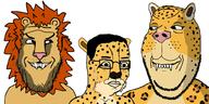 3soyjaks animal are_you_soying_what_im_soying cheetah closed_mouth cub ear fur glasses leopard lion looking_at_each_other mane ominous scared smile sweating variant:chudjak variant:gapejak variant:markiplier_soyjak // 1024x513 // 152.9KB